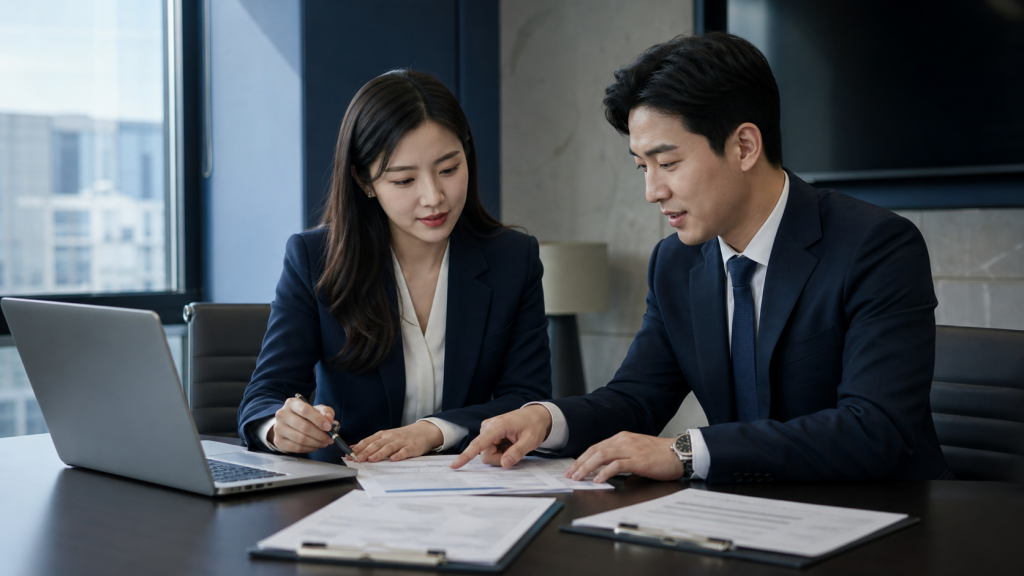 홈페이지 제작 견적서의 세부 항목을 확인하는 담당자들